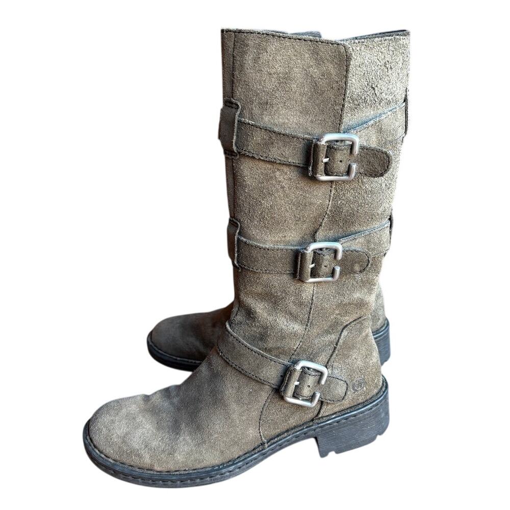 Born Gray Suede "Tessa" Mid Calf Moto Style Boots Distressed Grunge Biker s 7.5